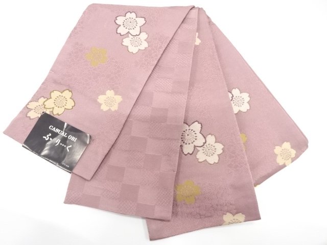  未使用品　市松に桜模様織り出し　半幅帯